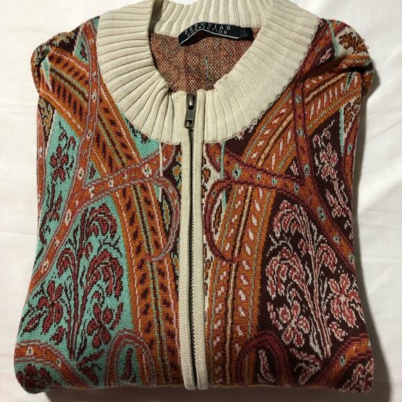 Peruvian Connection full zip turquoise rust print pima cotton cardigan womens L - Picture 11 of 11